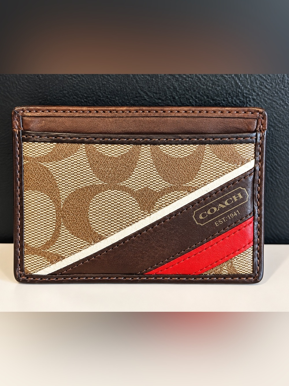 Coach Signature C Canvas Card Holder Brown Leather Red Stripe 3x4 Unisex